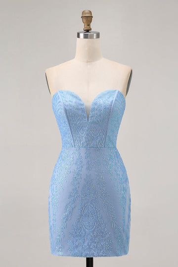 Blue Bodycon Strapless Beaded Homecoming Dress